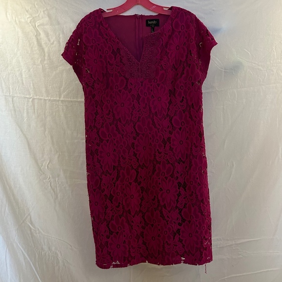 Magenta Lace Sheath Dress | Size 12 | Floral Overlay | Stretch Lined - Picture 1 of 7
